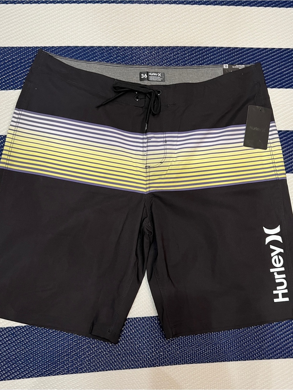 Hurley Men’s Black Board Shorts with Yellow and Gray Stripes